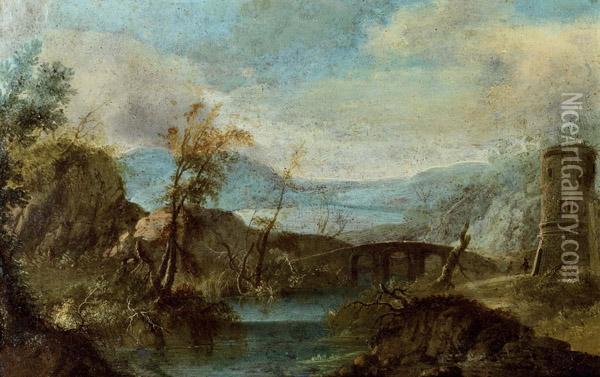 Flusslandschaft Mit Rundturm Und Brucke Oil Painting - Hendrik Frans Van Lint