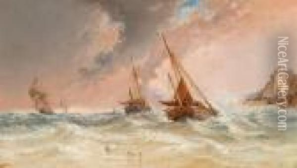 Fishing Boats On A Stormy Sea. Oil Painting - Arthur Joseph Meadows