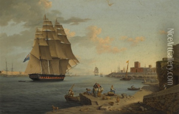 A British Frigate Leaving Port Mahon, Minorca Oil Painting - Anton Schranz