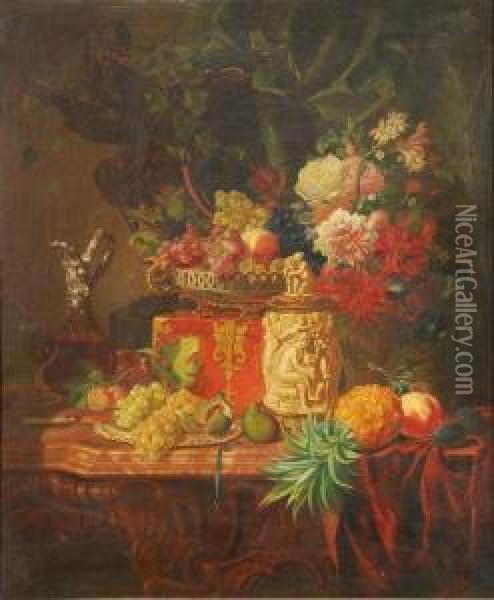 Still Life Of Fruit, 
Flowers Oil Painting - Adalbert, Bela Schaffer