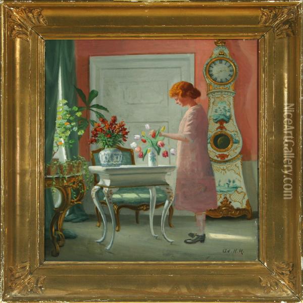 Interior With Awoman Oil Painting - Heinrich Hansen