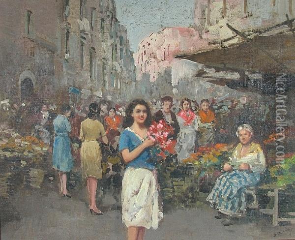 An Italian Market Scene With A Lady Holding Flowers In The Foreground Oil Painting - Vincenzo D'Auria