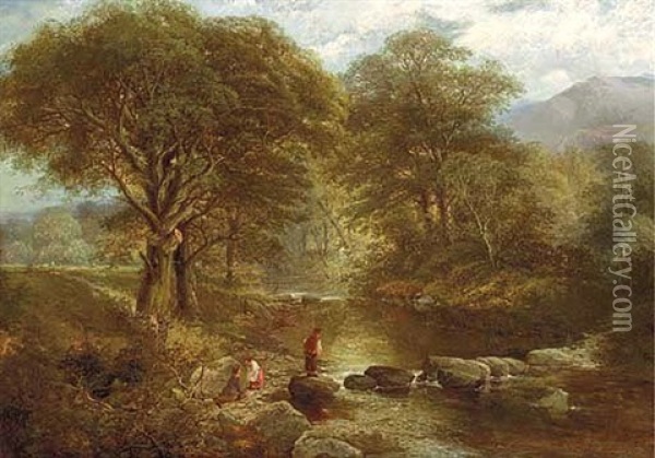 Figrues By A River In The Woods Oil Painting - Thomas Creswick