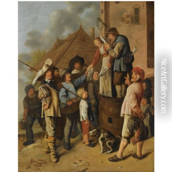 A Man And A Woman Standing On Barrels Reading A Newspaper Out Loud, Surrounded By A Group Of Figures, Outside A Tavern Oil Painting - Jan Miense Molenaer
