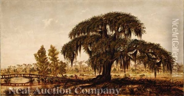 Louisiana Landscape With Live Oak And Men Crossing A Footbridge Oil Painting - Marshall Joseph Smith Jr.
