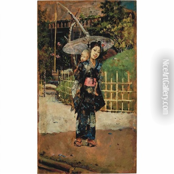 Japanese Girl Promenading Oil Painting - Harry Humphrey Moore