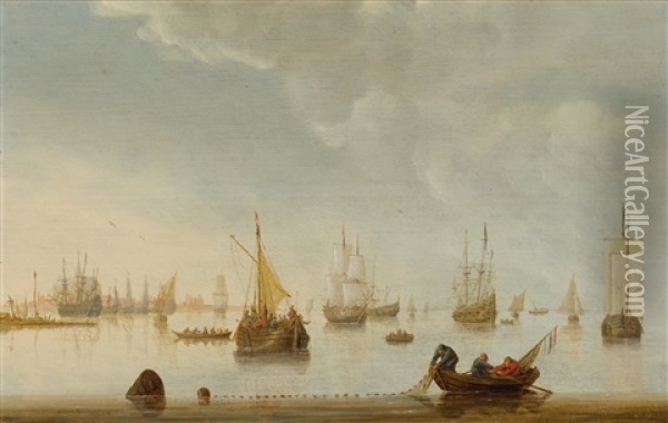 A Harbour Scene With Fishers Oil Painting - Justus Verwer