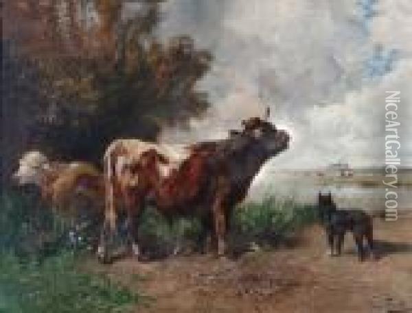 A Gloucester Bull With Cow And Dog On A Bank With Marshy Landscape
Beyond Oil Painting - Henry Schouten