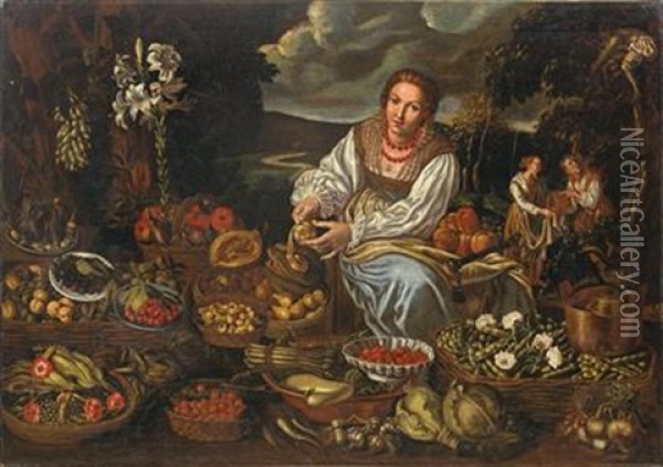 A Fruit And Vegetable Seller, Surrounded By Her Wares (collaboration With Workshop) Oil Painting - Vincenzo Campi