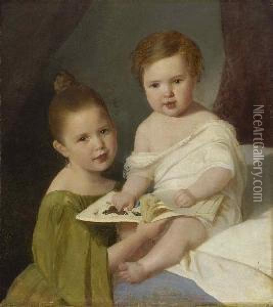 Zwei Kinder Mit
 Bilderbuch. Oil Painting - Franz Schrotzberg