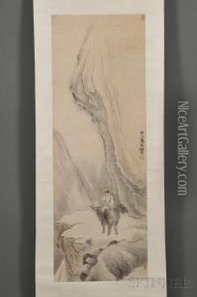 A Boy
Riding A Water Buffalo In A Landscape Oil Painting - Ren Yu
