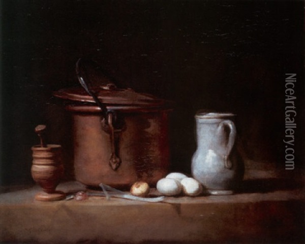 Kitchen Still Life With Copper Cauldron, A Mortar And Pestle, A Leek, Three Eggs And A White Pitcher Oil Painting - Jean-Baptiste-Simeon Chardin