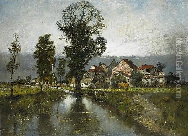 A Village Beside A Tranquil River Oil Painting - Karl Heffner