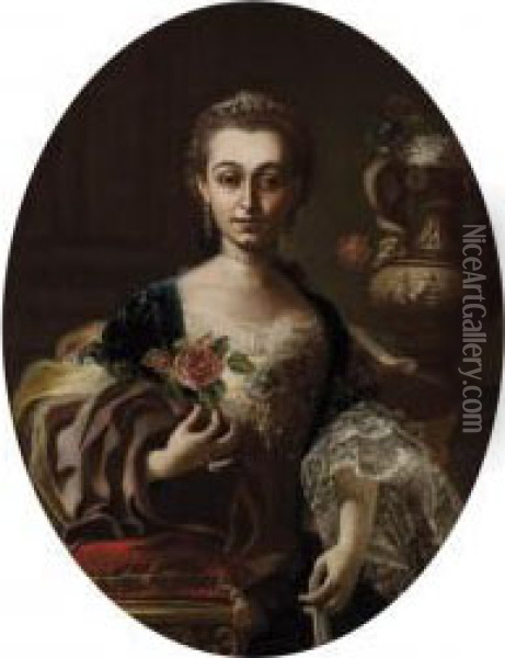Ritratto Di Una Dama Con Fiore Eventaglio, Con Un Prezioso Vaso Decorato Sullo Sfondo Oil Painting - Giuseppe Bonito