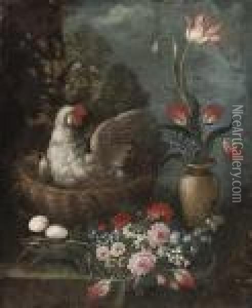 A Nesting Hen With A Bunch Of Anemones Oil Painting - Elisabetta Marchioni Active Rovigo