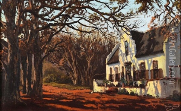 Cape Dutch Farmhouse And Trees Oil Painting - Tinus de Jongh