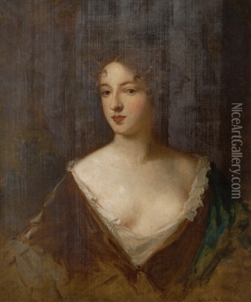 Portrait Of The Duchess Of Portland, Half Length, Wearing A Brown Dress And A Blue Shawl Oil Painting - George Frederick Clarke