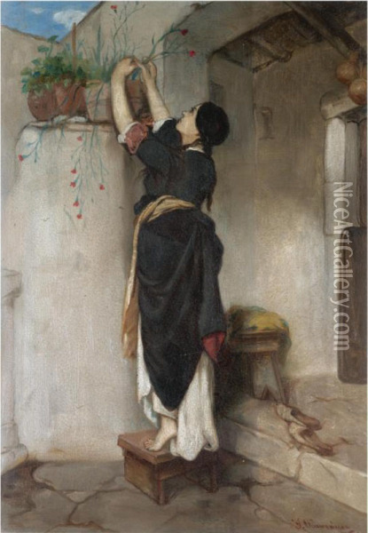 Woman Arranging Flowers Oil Painting - Ioannis Economou