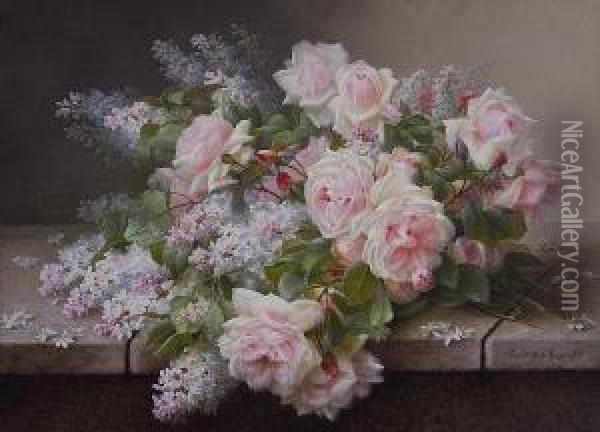 Roses And Lilacs On A Ledge Oil Painting - Raoul Maucherat de Longpre