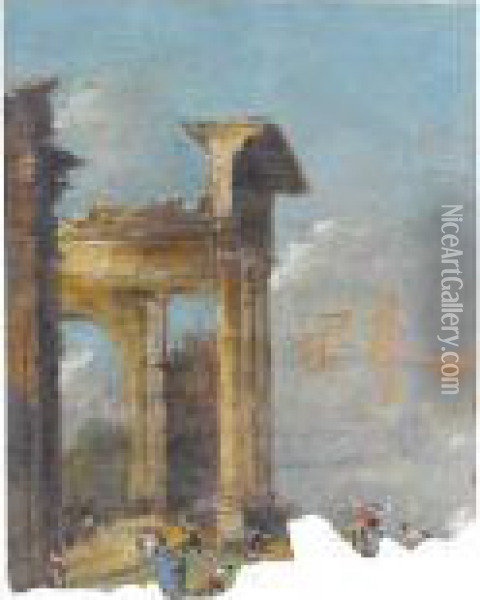 Figures Before The Ruins Of A Colonnade Oil Painting - Francesco Guardi