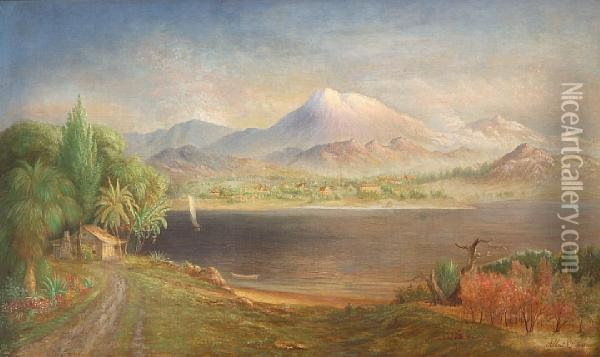 Elsinore Lake And Village And San Jacintomountain Oil Painting - Albert Dickerman