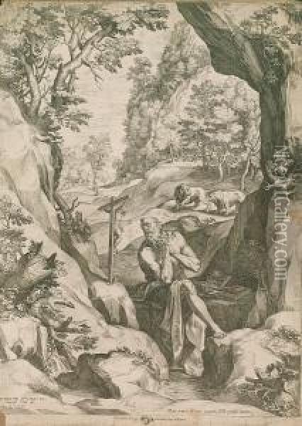 St Jerome Penitent In The Wilderness (bartsch 116) Oil Painting - Cornelis Cort