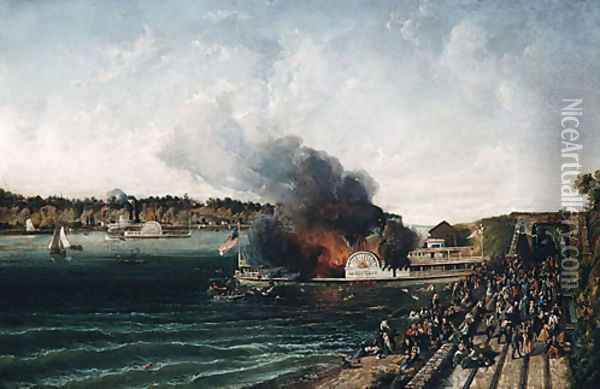 Burning of the Sidewheeler Henry Clay 1854 Oil Painting - Anonymous Artist