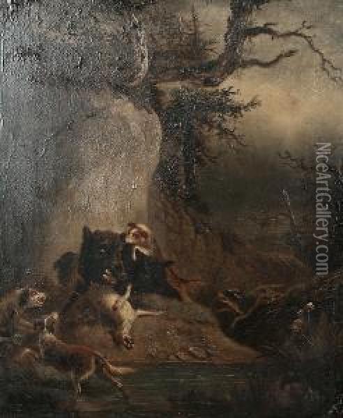 Dogs Attacking A Boar; Deer In A Forest, A Pair Oil Painting - Ernst Christian Specht