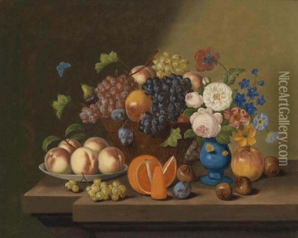 Circle Still Life With Fruit And Flowers Oil Painting - Georg Seitz