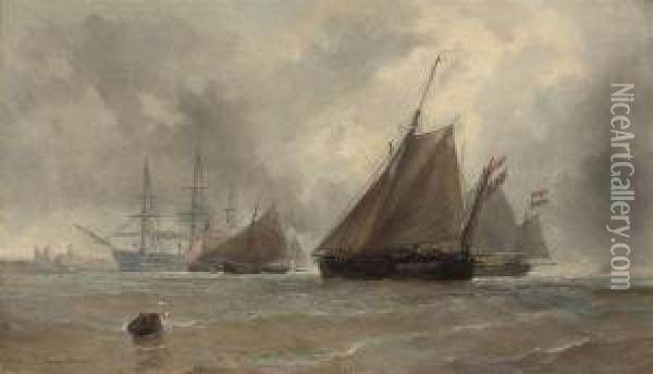Dutch Barges Running Inshore Oil Painting - Jean Baptiste Henri Durand-Brager