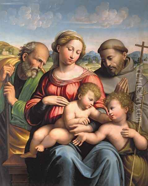 Holy Family with the Infant St John the Baptist and St Francis Oil Painting - da Imola (Francucci)