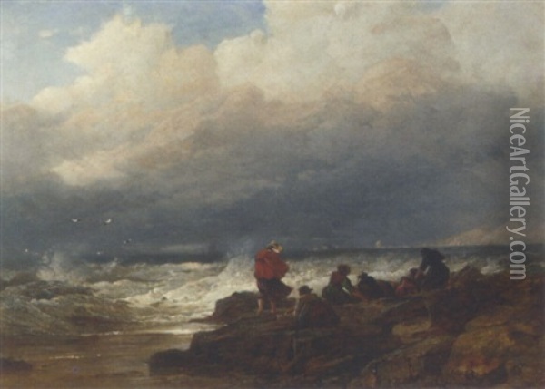 Mussel Gatherers Gossiping On The Rocks As They Work Oil Painting - Edward Duncan