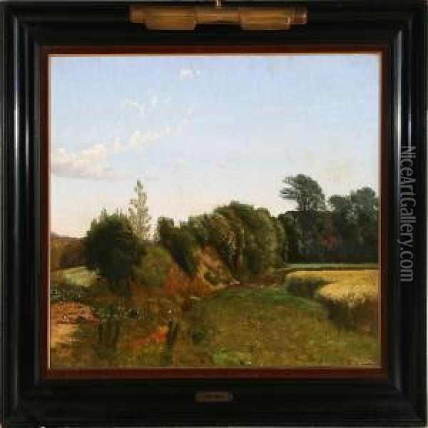 Et Vaenge Bag En Bondegaard: Bisholt ( Horsensegnen) Oil Painting - Vilhelm Peter C. Kyhn
