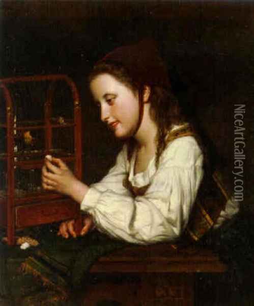 A Young Girl Feeding Her Bird Oil Painting - Jan Portielje
