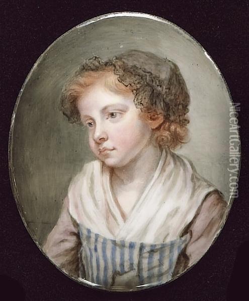 Anna Greuze, Wearing Blue And 
White Striped Bodice With Mauve Sleeves, A Black Lace Trimmed Cap Over 
Her Auburn Hair Oil Painting - Jean Baptiste Greuze
