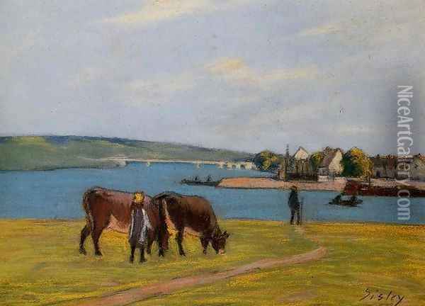 Cows by the Seine at Saint-Mammes 1895 Oil Painting - Alfred Sisley