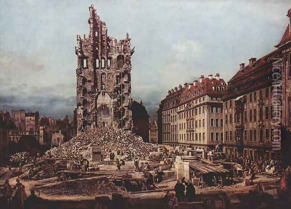 View of Dresden, the ruins of the Cross Church, seen from the east Oil Painting - (Giovanni Antonio Canal) Canaletto