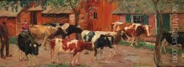 Peasants And Cows In Staphorst Oil Painting - Jo Koster Van Hattum