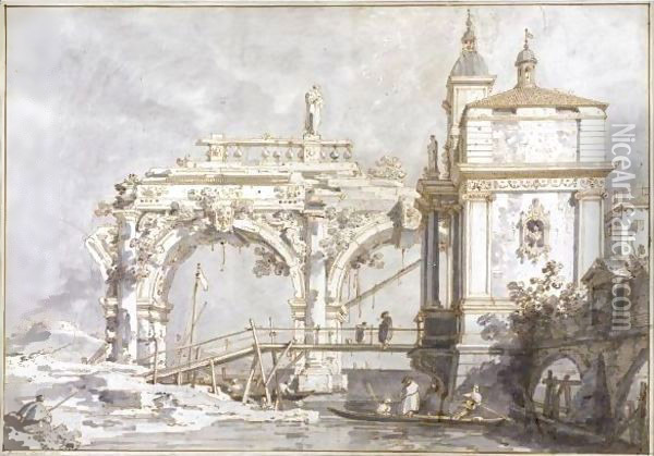 An Architectural Capriccio With A Pavilion And A Ruined Arcade On The Water's Edge Oil Painting - (Giovanni Antonio Canal) Canaletto