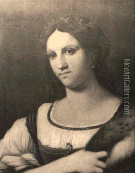 Portrait Of A Woman Holding A Fur Cape On Her Shoulder Oil Painting - Sebastiano Del Piombo