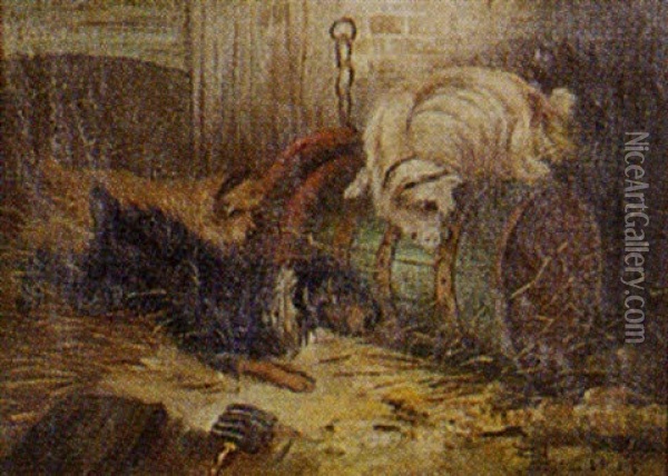 Terriers In A Barn Oil Painting - Edward Armfield