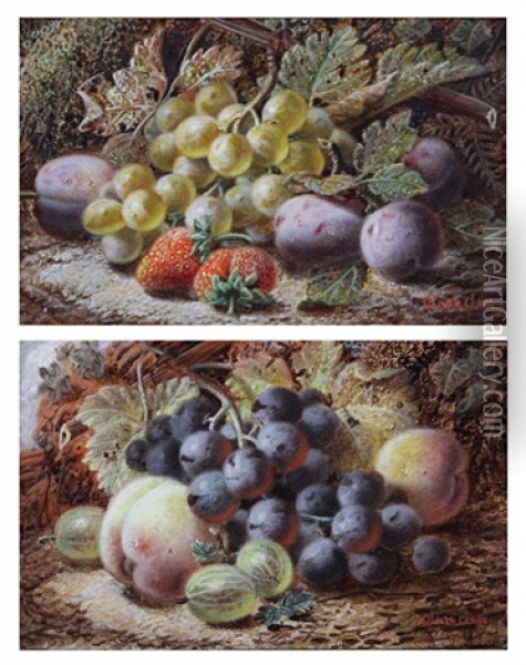 Green Grapes, Plums And Strawberries (+ Black Grapes, Peaches And Gooseberries; Pair) Oil Painting - Oliver Clare