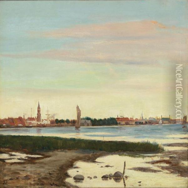 Coastal Scenery From A Danish Town With Ships In The Strait Oil Painting - Tom Petersen