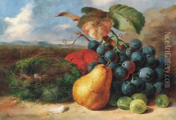 Gooseberries, a pear, a peach, grapes and a bird's nest, on a bank Oil Painting - Edward Ladell