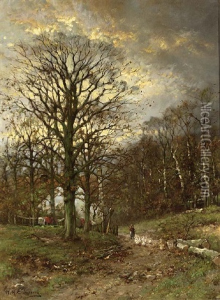 Autumn Landscape With A Farmhouse In The Distance Oil Painting - Willem Hendrick Eickelberg