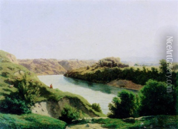 Flusslandschaft Mit Hirte Und Schafen Oil Painting - Barthelemy Menn