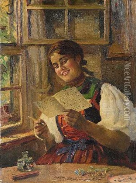 Der Liebesbrief: Lesendes Dirndl Am Fenster Oil Painting - Carl Kricheldorf