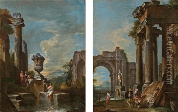 Ein Paar Ruinencapriccios Mit Figurlicher Staffage (pair) Oil Painting - Giovanni Paolo Panini