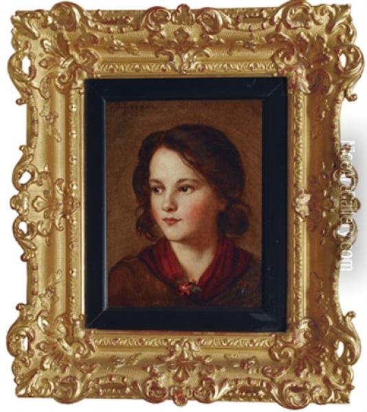 A Girl With A Red Scarf Oil Painting - Franz Von Defregger