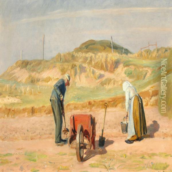 An Old Couple Collecting Potatoes Near The Dunes Oil Painting - Michael Ancher
